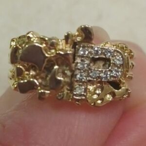 Gold plated nugget ring With Letter "P" And Faux Diamonds